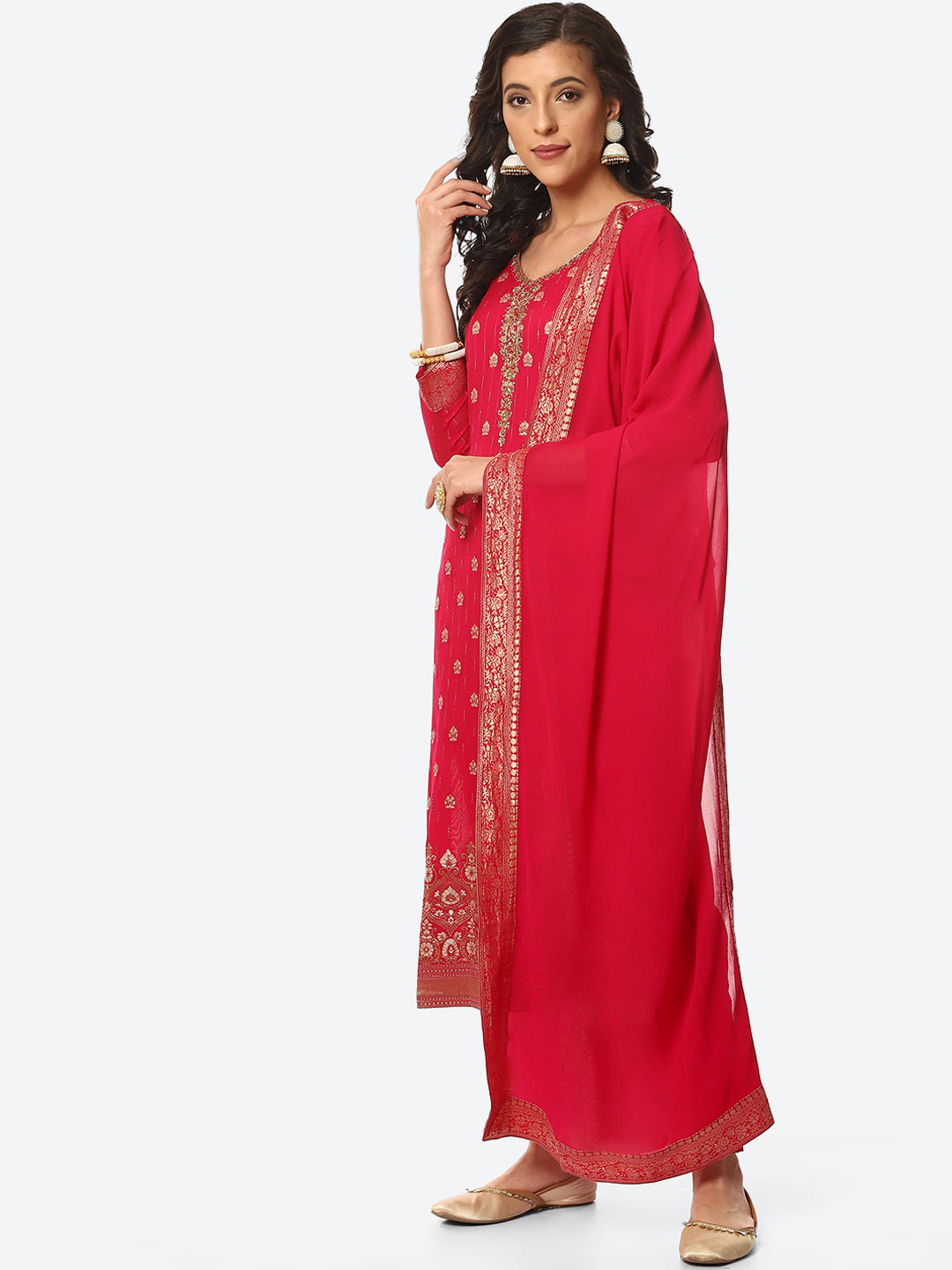 Zari Neck Embroidered Booti Border Kurta With Pant &amp; Dupatta