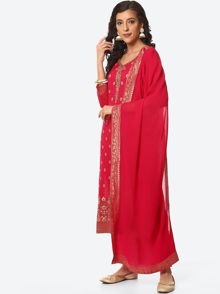Zari Neck Embroidered Booti Border Kurta With Pant &amp; Dupatta