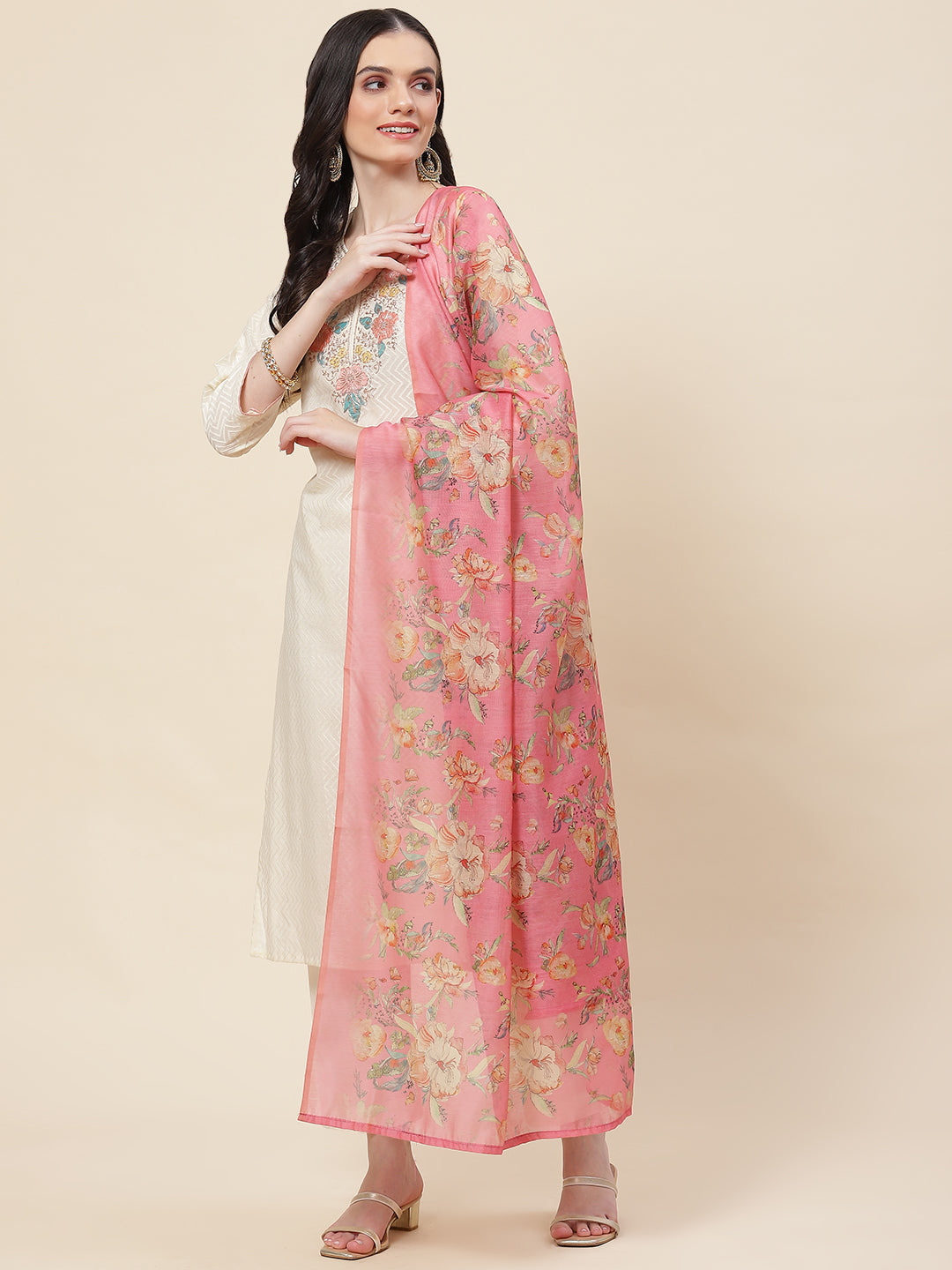 Neck Embroidered Cotton Kurta With Pants &amp; Dupatta