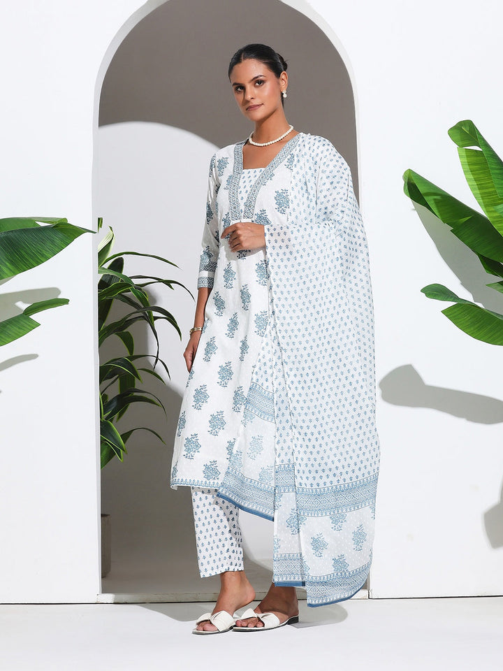 Printed Cotton Blend Kurta With Pant &amp; Dupatta
