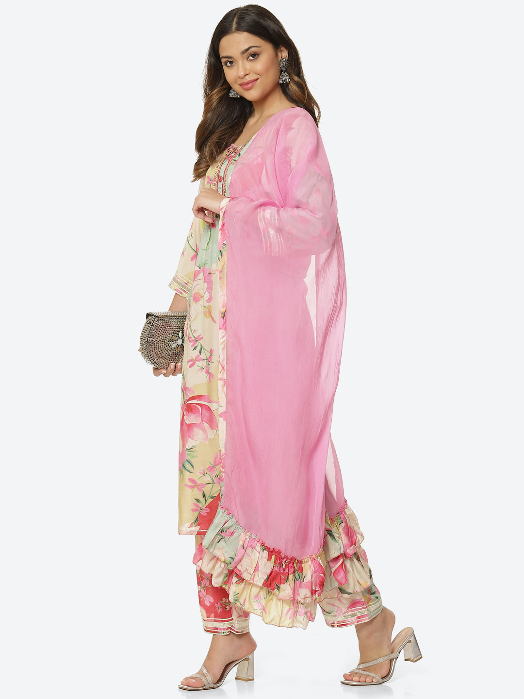 Floral Printed Muslin Kurta With Pant &amp; Dupatta