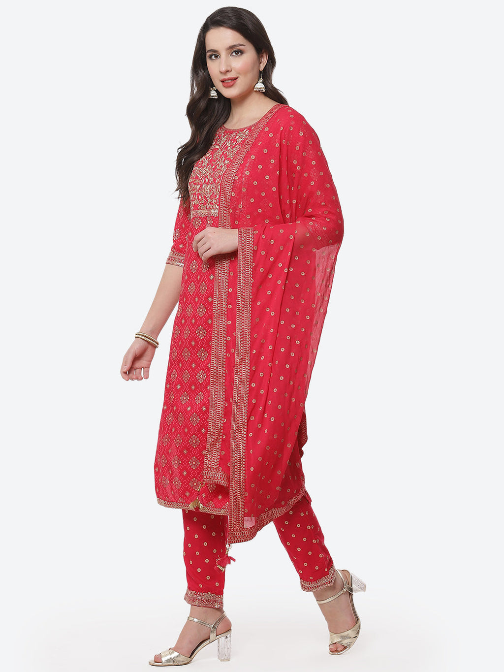 Zari Work Cotton Muslin Kurti Printed Pant And Dupatta