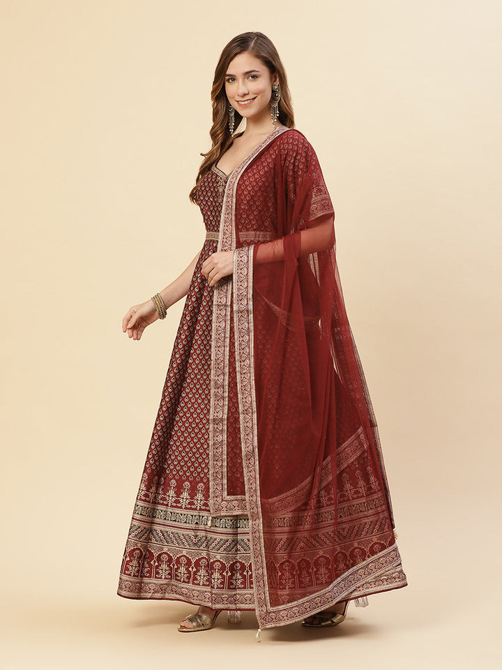 Art Tussar Digital Printed Anarkali Kurti With Chudidar And Dupatta