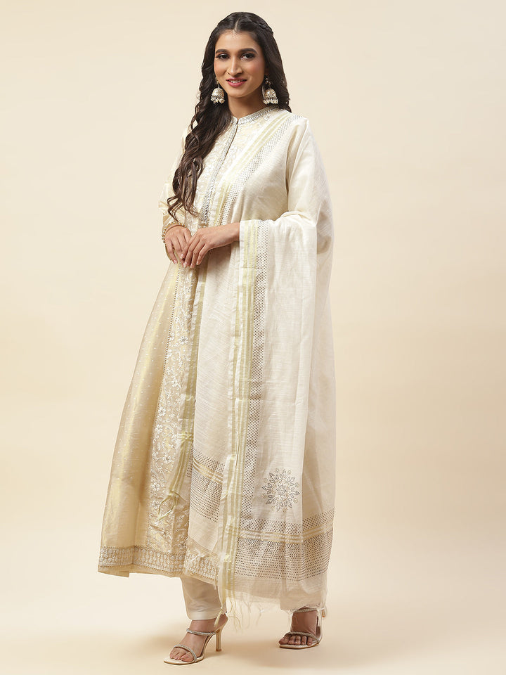 Resham Booti Embroidered Cotton Anarkali Kurta With Churidar &amp; Dupatta