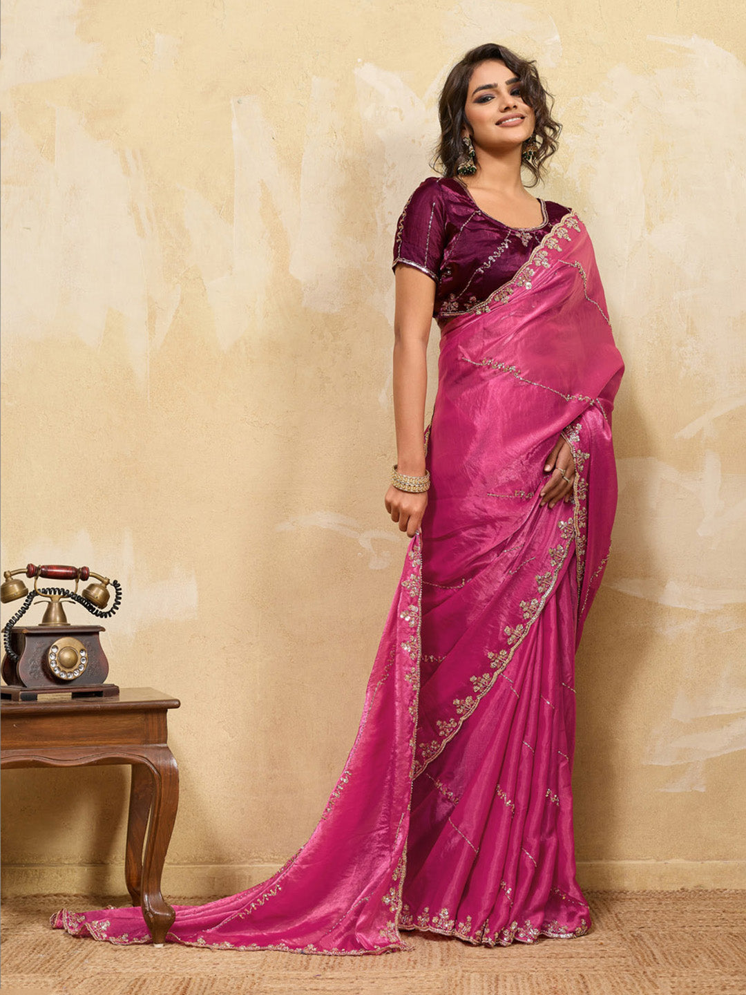 Embroidered Satin Velvet Saree