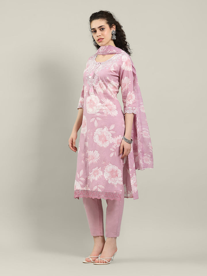 Printed Cotton Blend Kurta With Pants &amp; Dupatta