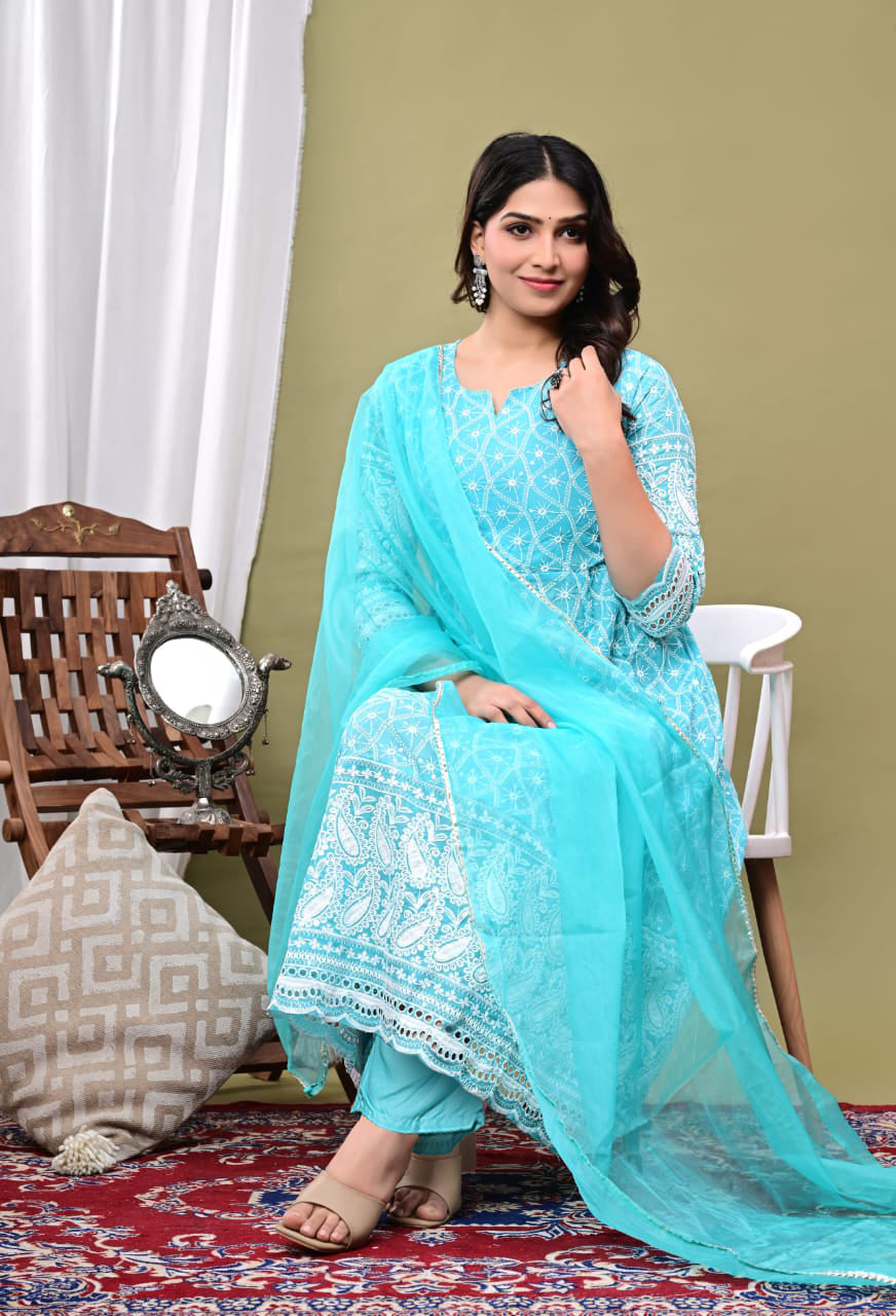 Embroidered Cotton Blend Kurta With Pant &amp; Dupatta