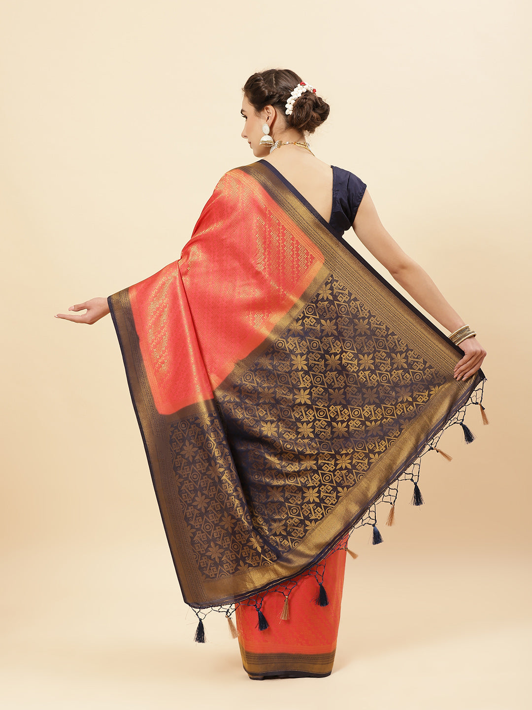 Brocade Zari Jaal Art Handloom Saree with contrast Blouse