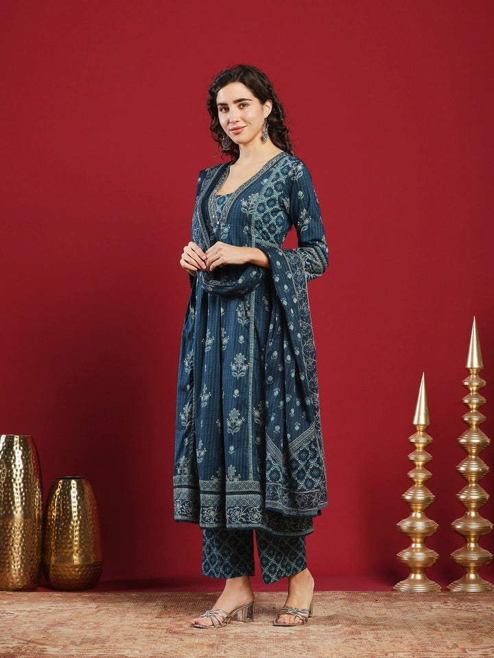 Blue Cotton Blend Printed Straight Suit Set