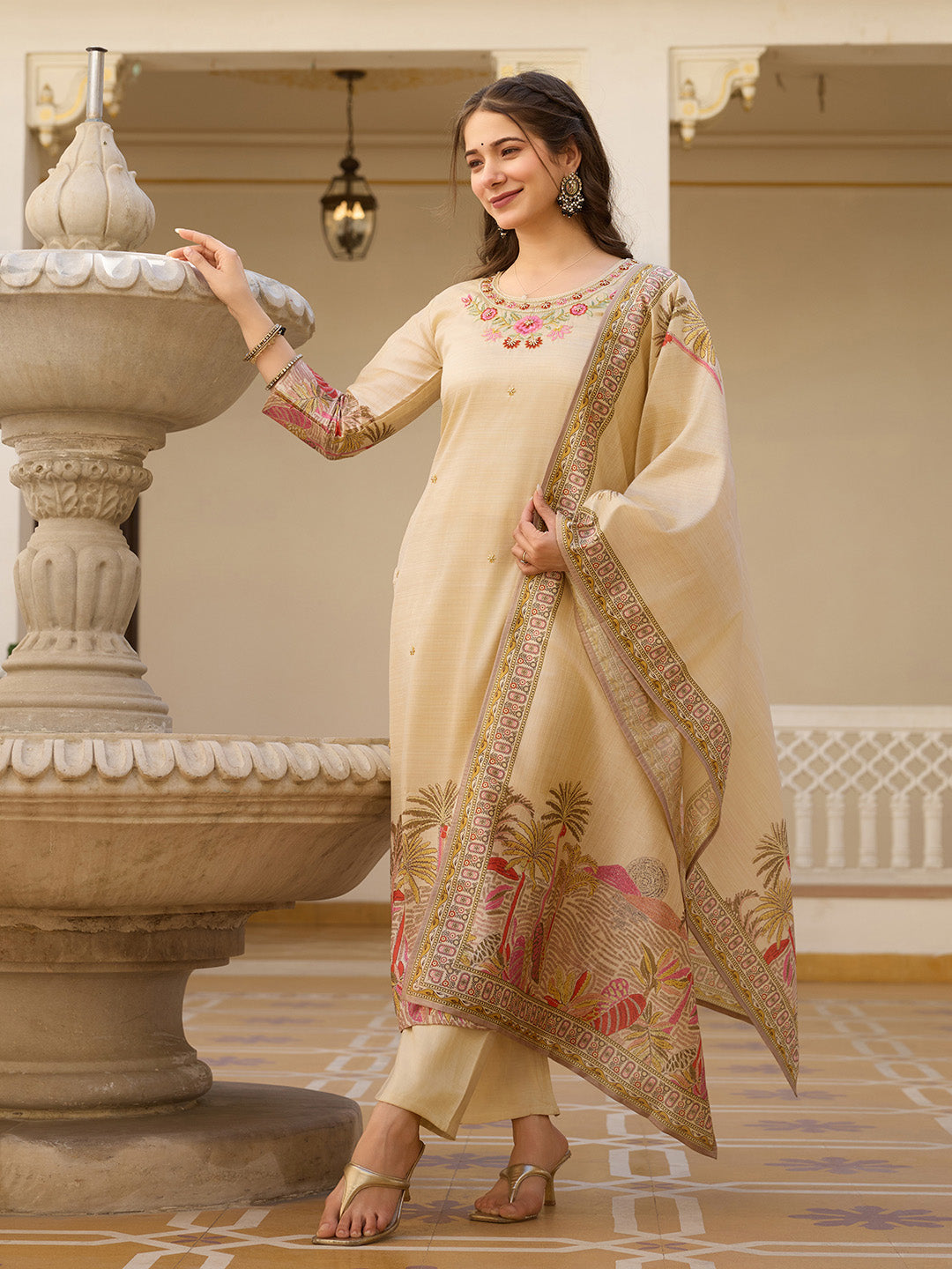 Embroidered Cotton Blend Kurta With Pants &amp; Dupatta