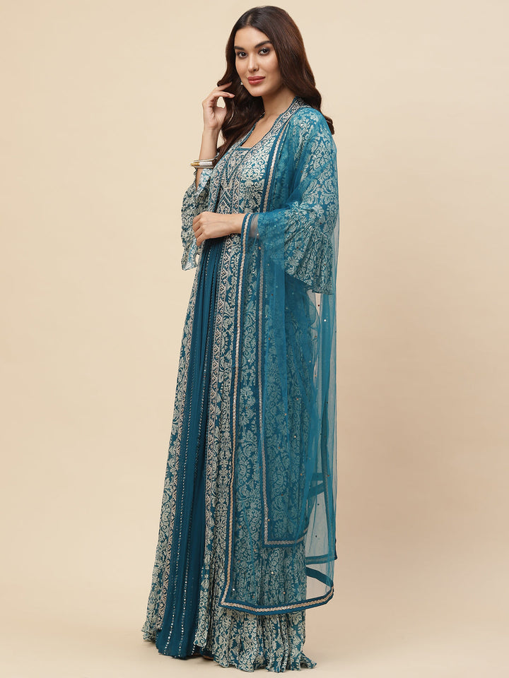 Neck Embroidered Georgette Gown With Jacket &amp; Dupatta