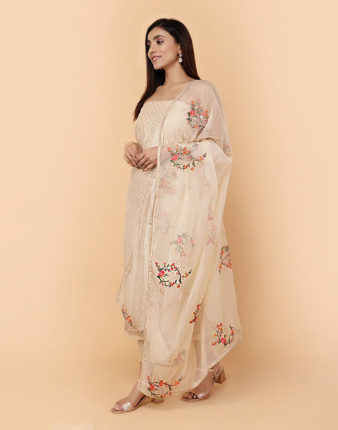 Embroidered Chanderi Suit Piece With Organza Dupatta