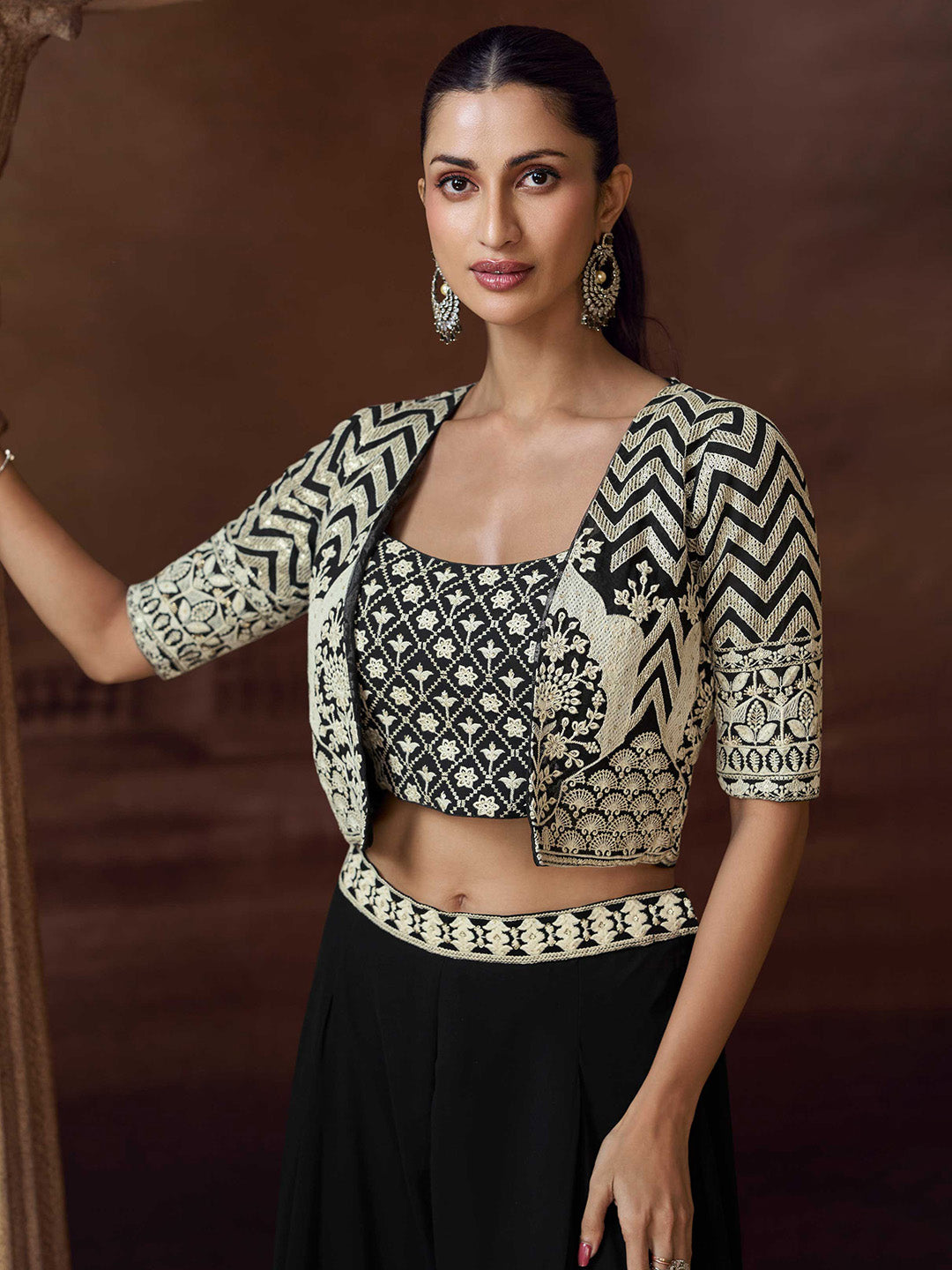 Embroidered Chinon Choli &amp; Skirt With Jacket