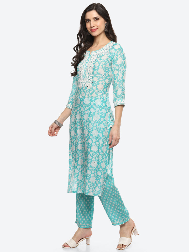 Resham Mirror Yoke Printed Muslin Kurta With Pant