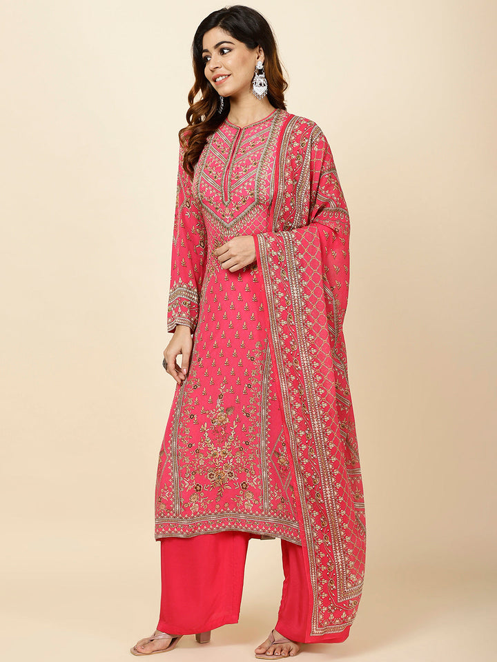 Floral Digital Print Crepe Kurta With Palazzo &amp; Dupatta