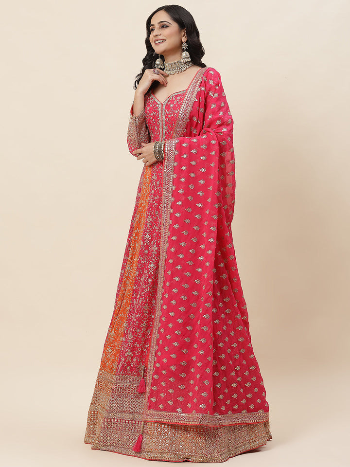 Sequin Embroidered Georgette Kurta With Pants &amp; Dupatta - meena bazaar