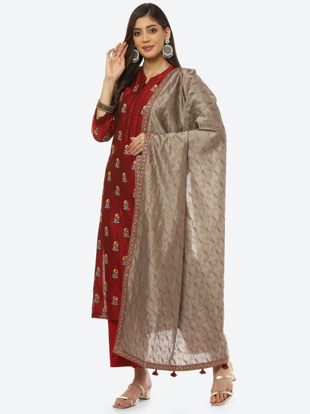Resham Booti Cotton Kurta With Pant &amp; Dupatta
