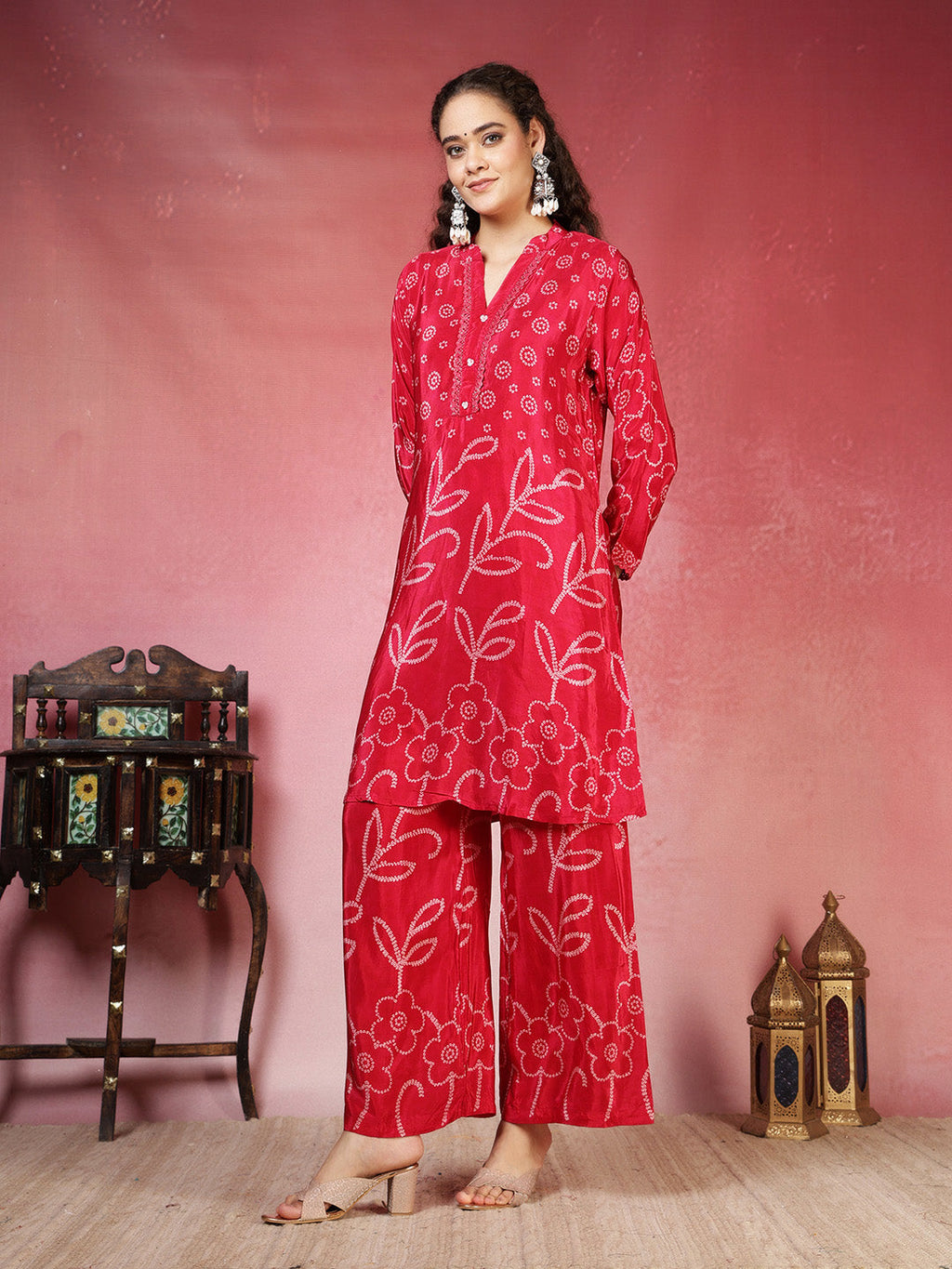 Hot Pink Crepe Printed A Line Kurta With Pant