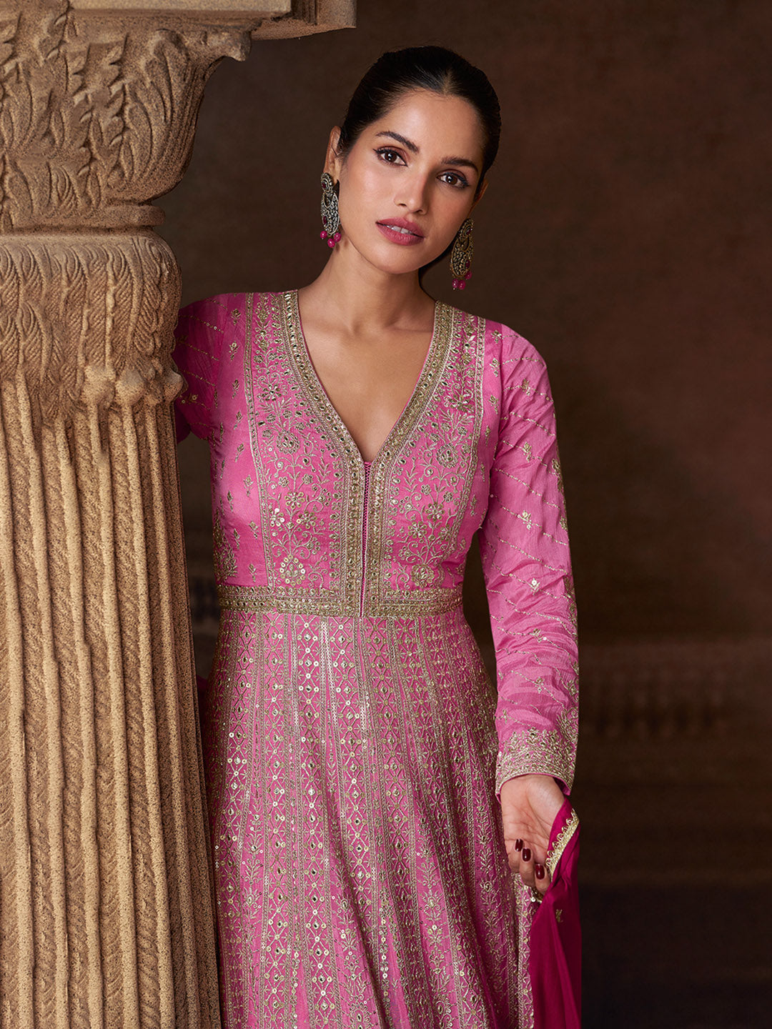 Embroidered Chinon Suit With Pant &amp; Dupatta