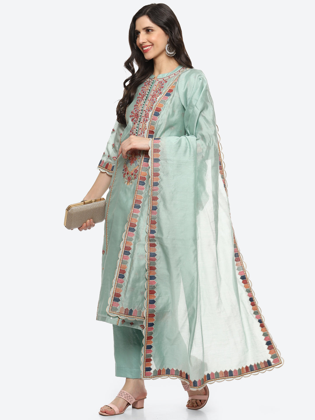 Resham Neck Booti Cotton kurta With Pant &amp; Dupatta