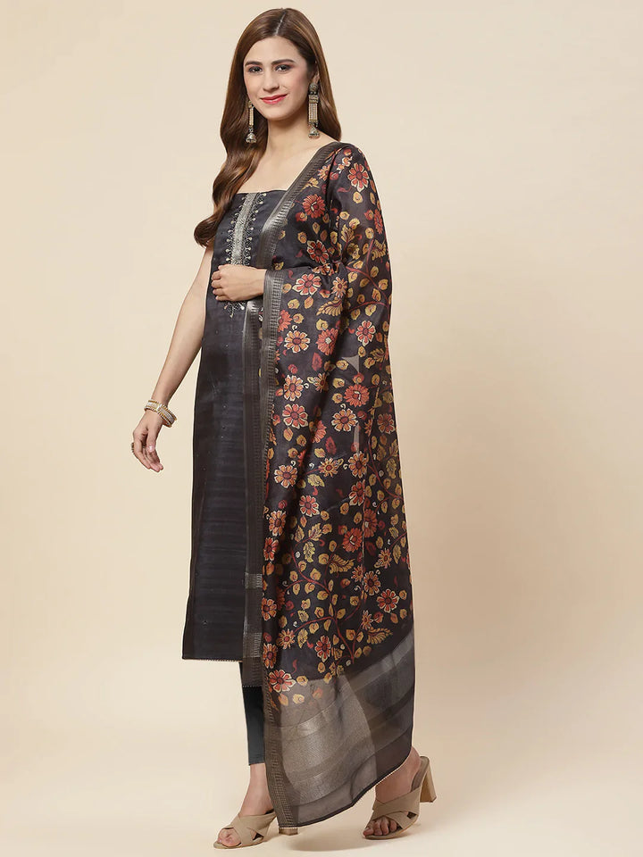 Neck Embroidered Chanderi Unstitched Suit Piece With Dupatta