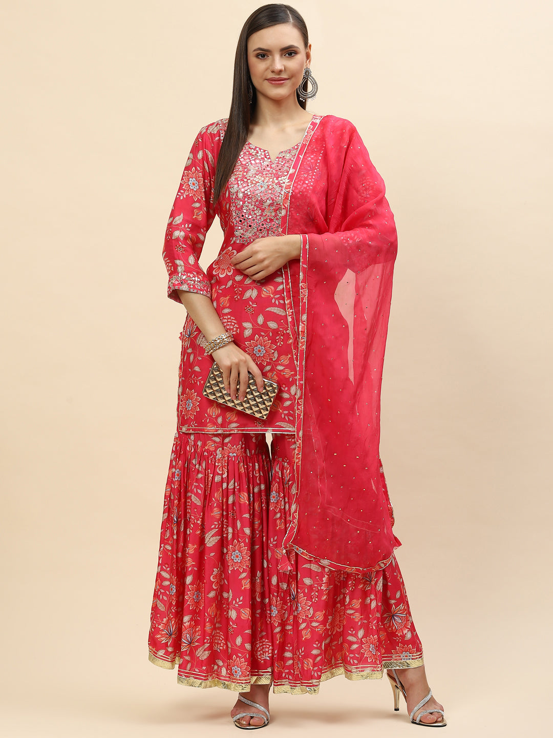 Floral Digital Printed Chanderi Kurta With Garara &amp; Dupatta