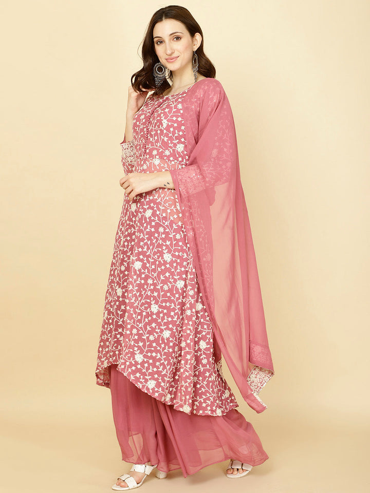 Resham Embroidery Georgette Kurta With Sharara &amp; Dupatta