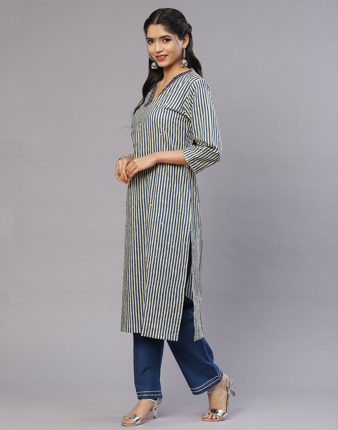 Cotton Striped Kurti Pant Set