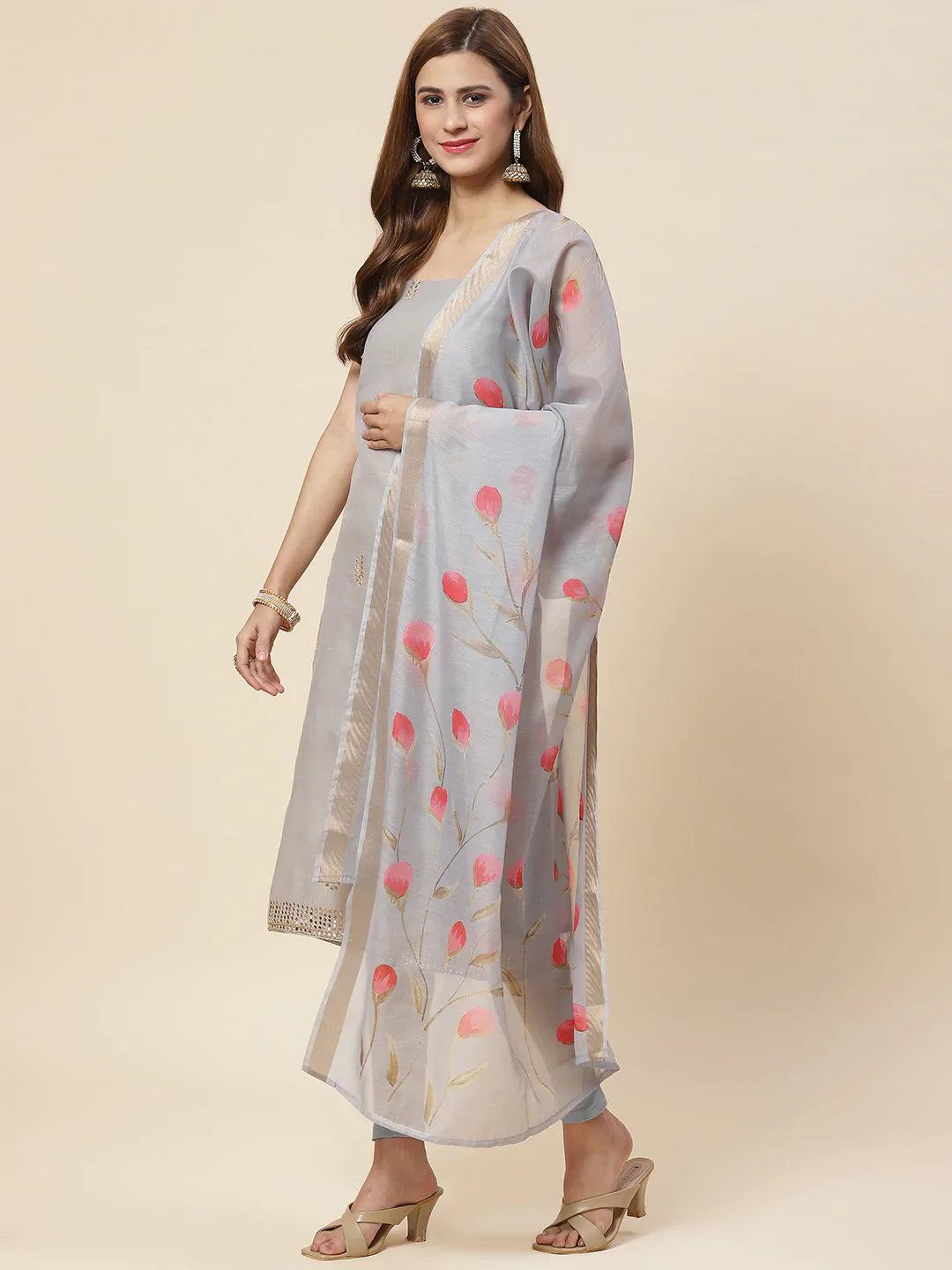 Embroidered Chanderi Unstitched Suit Piece With Floral Dupatta