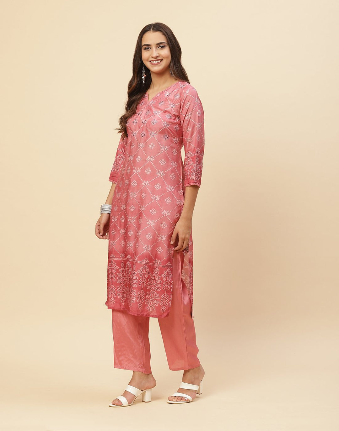 Mirror Work Printed Cotton Muslin Kurti With Pant