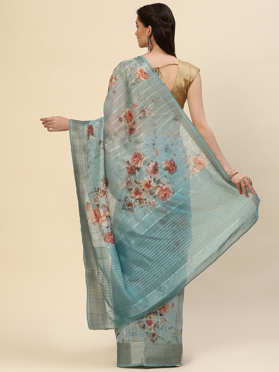 Digital Floral Printed Sequin Cotton Saree