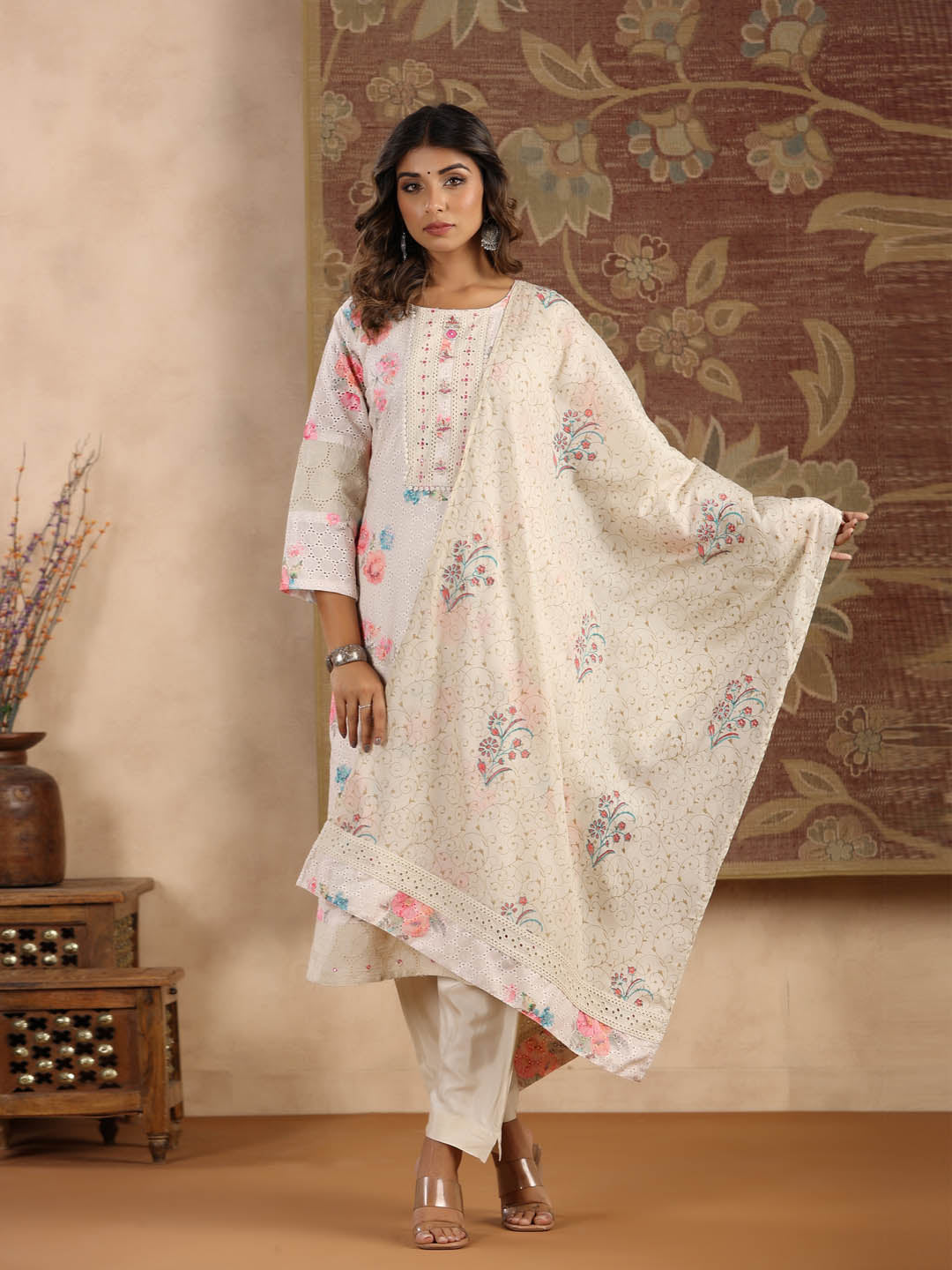 Printed Cotton Kurta With Pants &amp; Dupatta