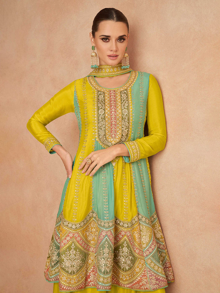 Embroidered Chinnon Kurta With Plazzo &amp; Dupatta