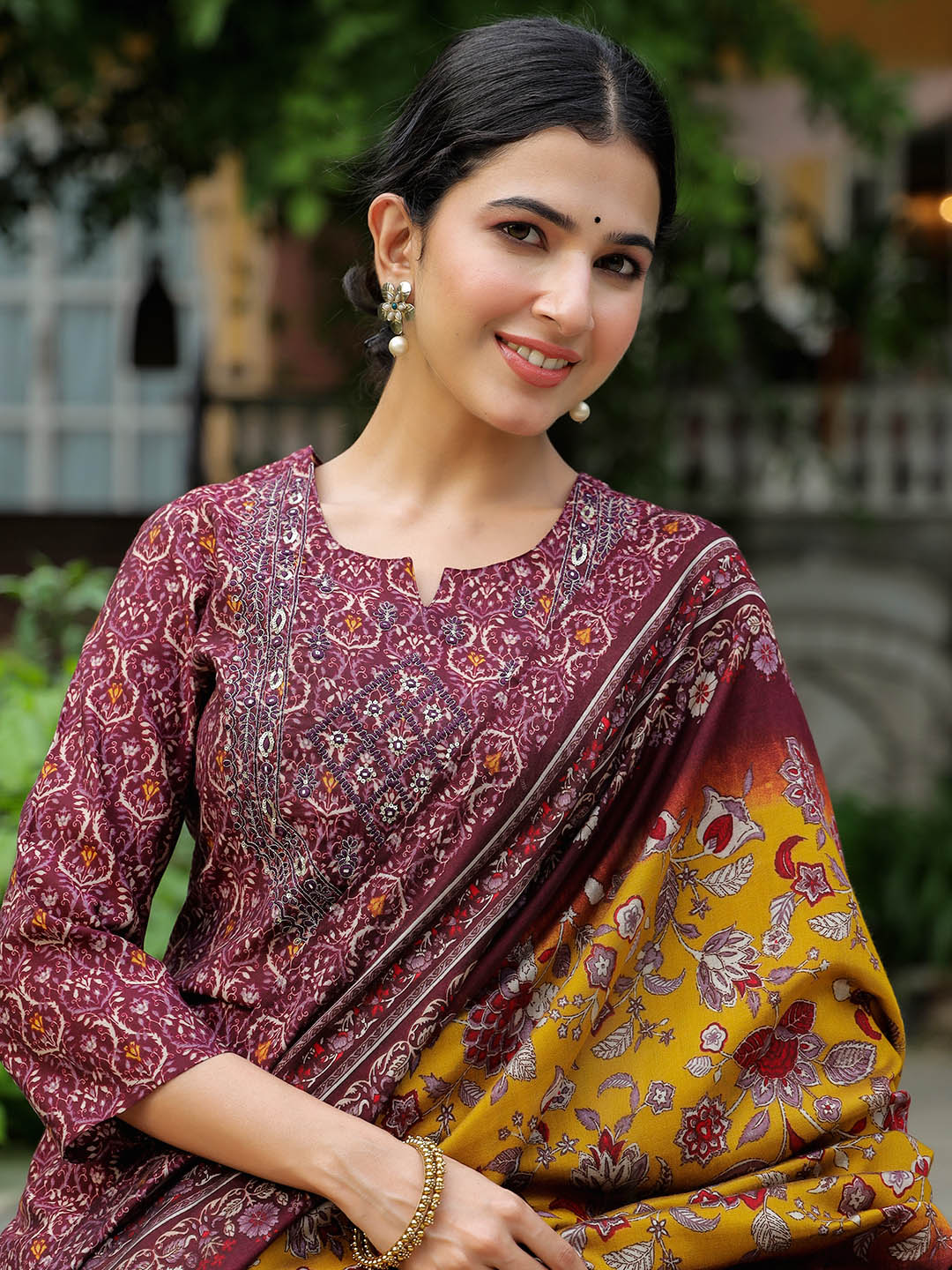 Printed Neck Embroidered Cotton Kurta With Pants &amp; Dupatta