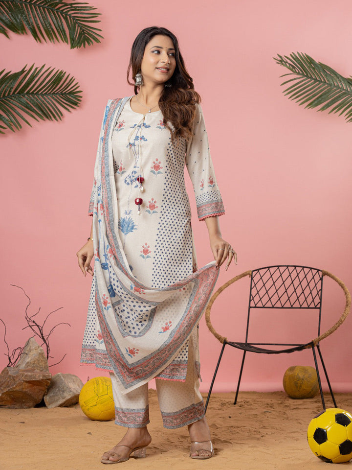 Cream Cotton Blend Printed Straight Suit Set