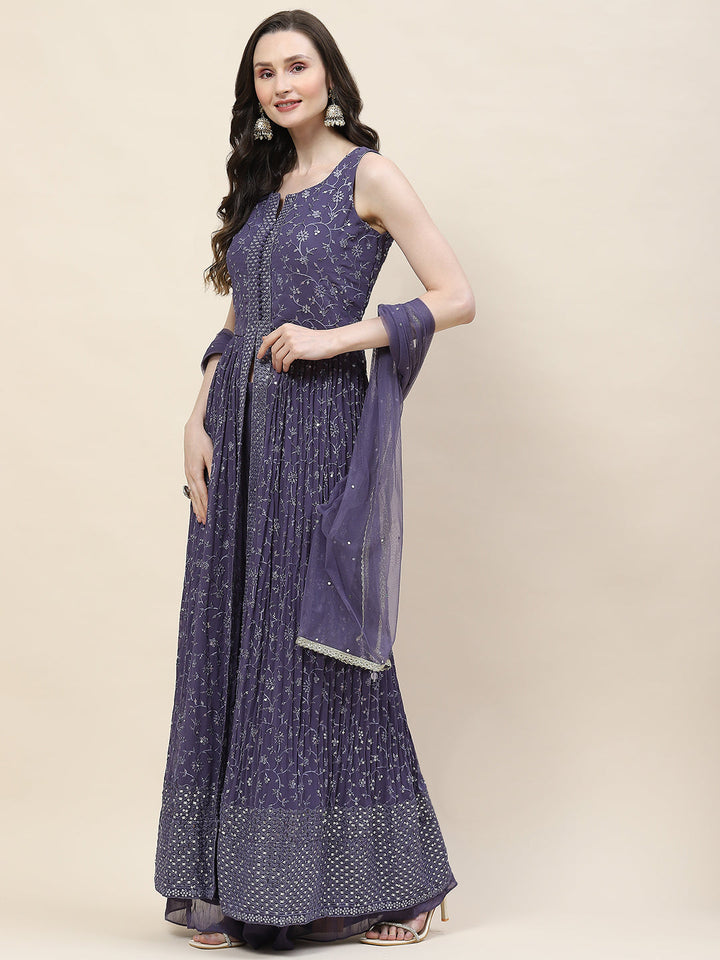 Resham Sequin Embroidery Georgette Kurta With Palazzo &amp; Dupatta