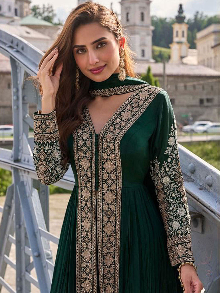 Embroidered Chinon Kurta With Plazzo &amp; Dupatta