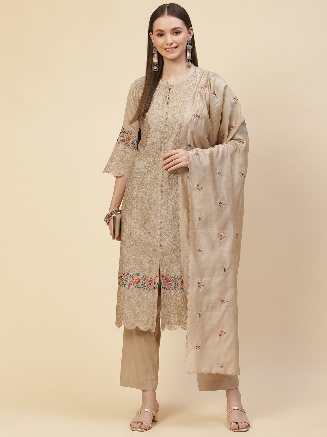 Zari Embroidered Cotton Kurta With Pants &amp; Dupatta