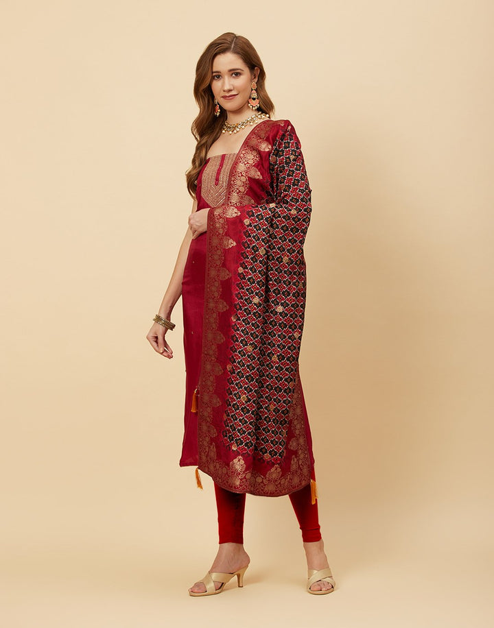 Embroidered Art Handloom Dupion Suit Piece With Printed Dupatta