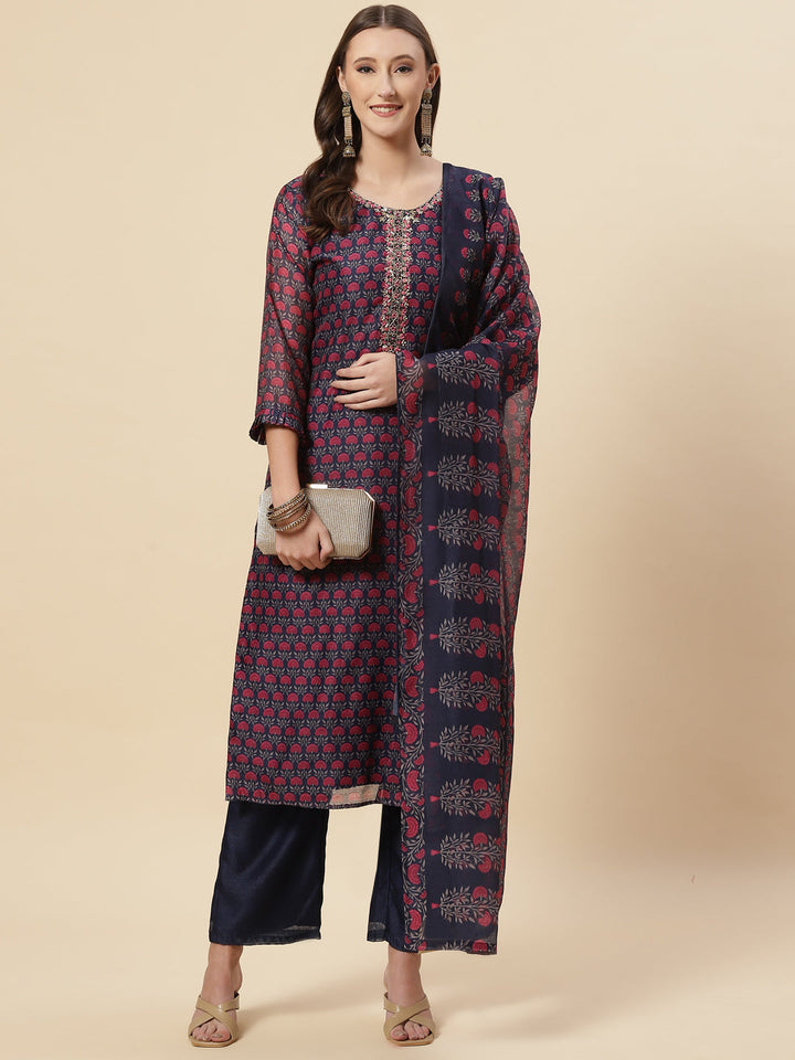 Floral Printed Chanderi Kurta With Pants &amp; Dupatta
