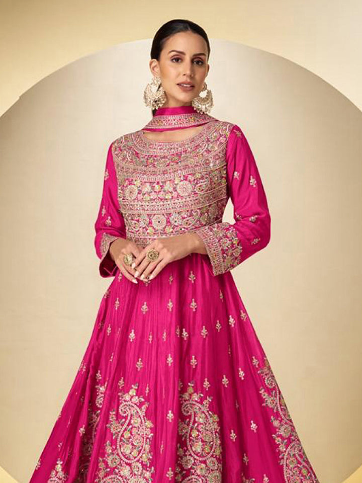 Embroidered Chinnon Kurta With Pant &amp; Dupatta
