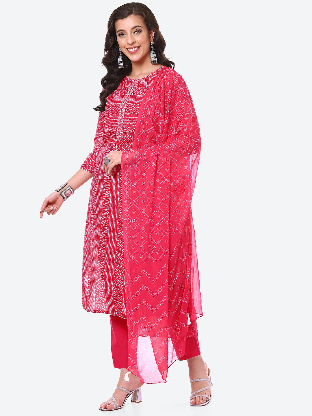 Bandhani Printed Cotton Kurta With Pant &amp; Dupatta