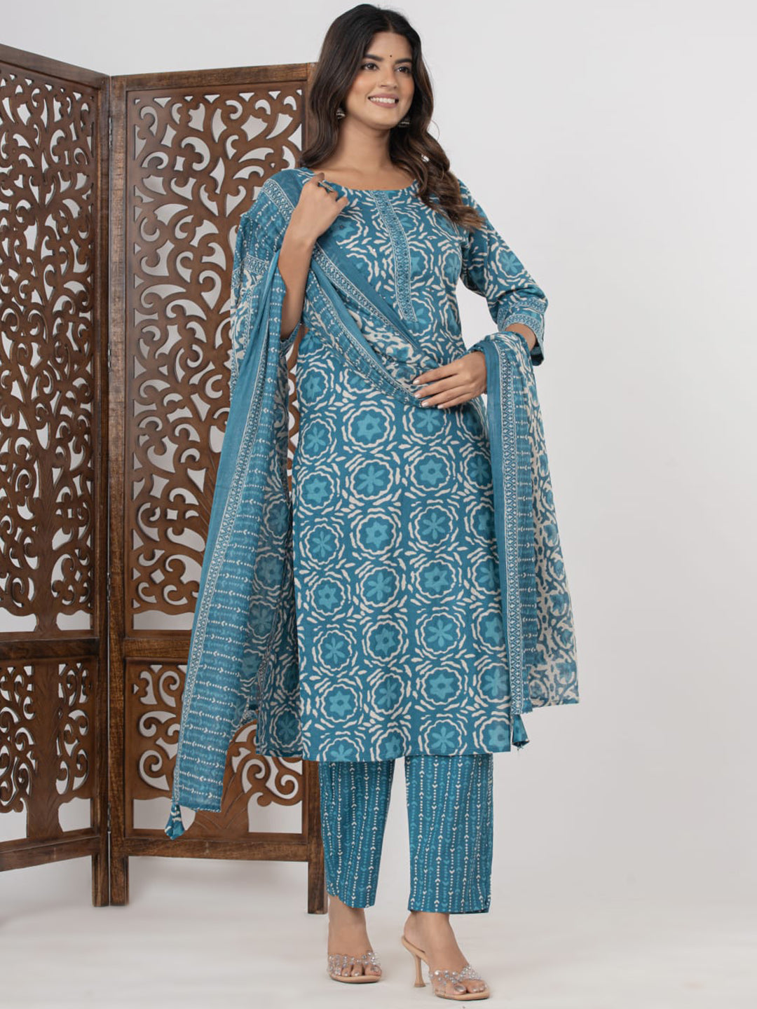 Light Blue Embroidered Cotton Blend Straight Suit Set With Dupatta