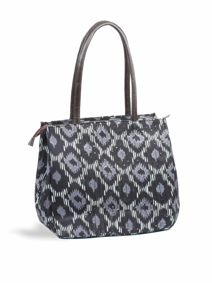 Black Printed Cotton Handbag With Pouch