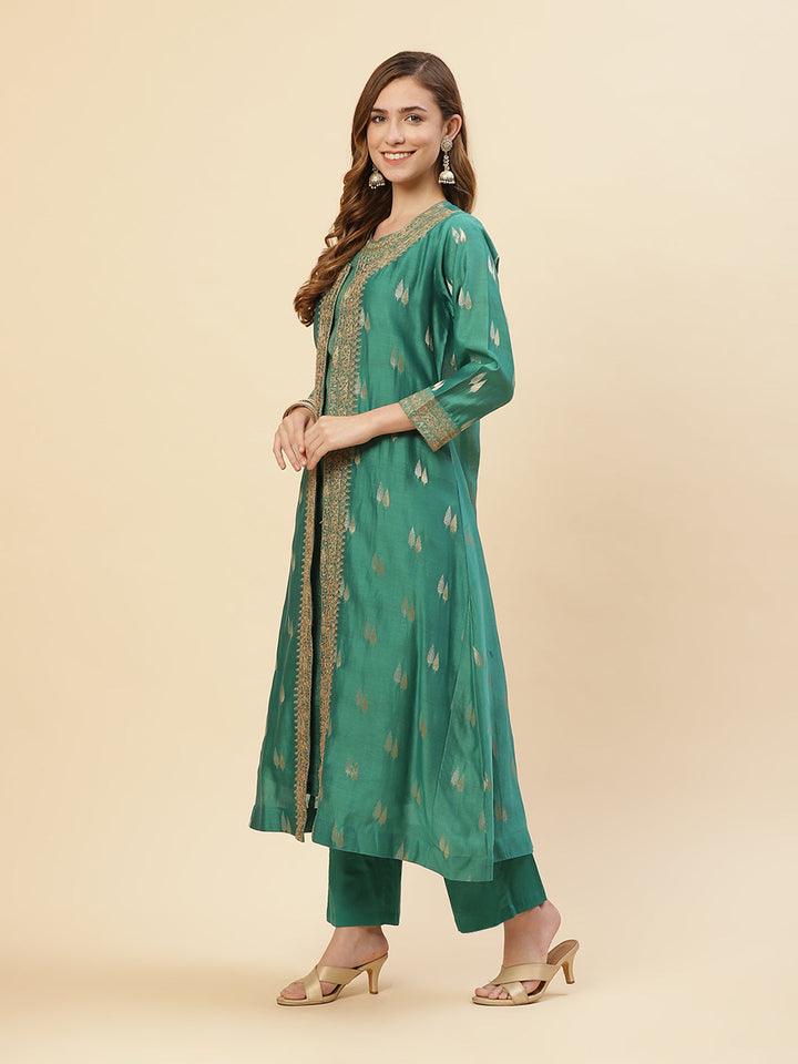Embroidered Chanderi Kurti With Jacket And Pant