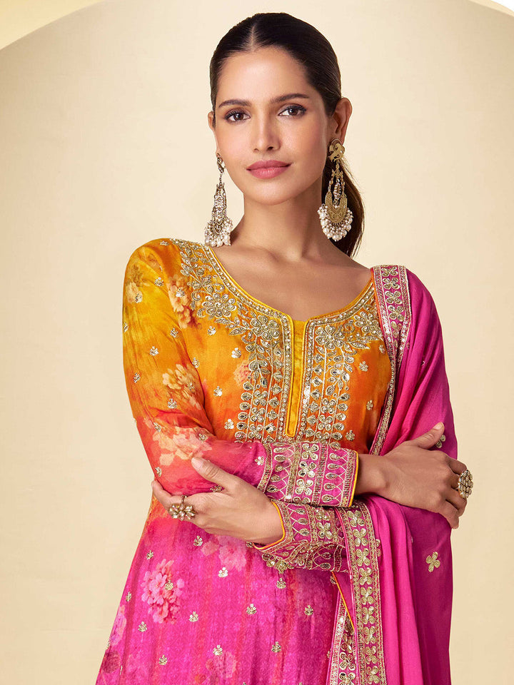 Embroidered Chinon Silk Kurti With Sharara &amp; Dupatta