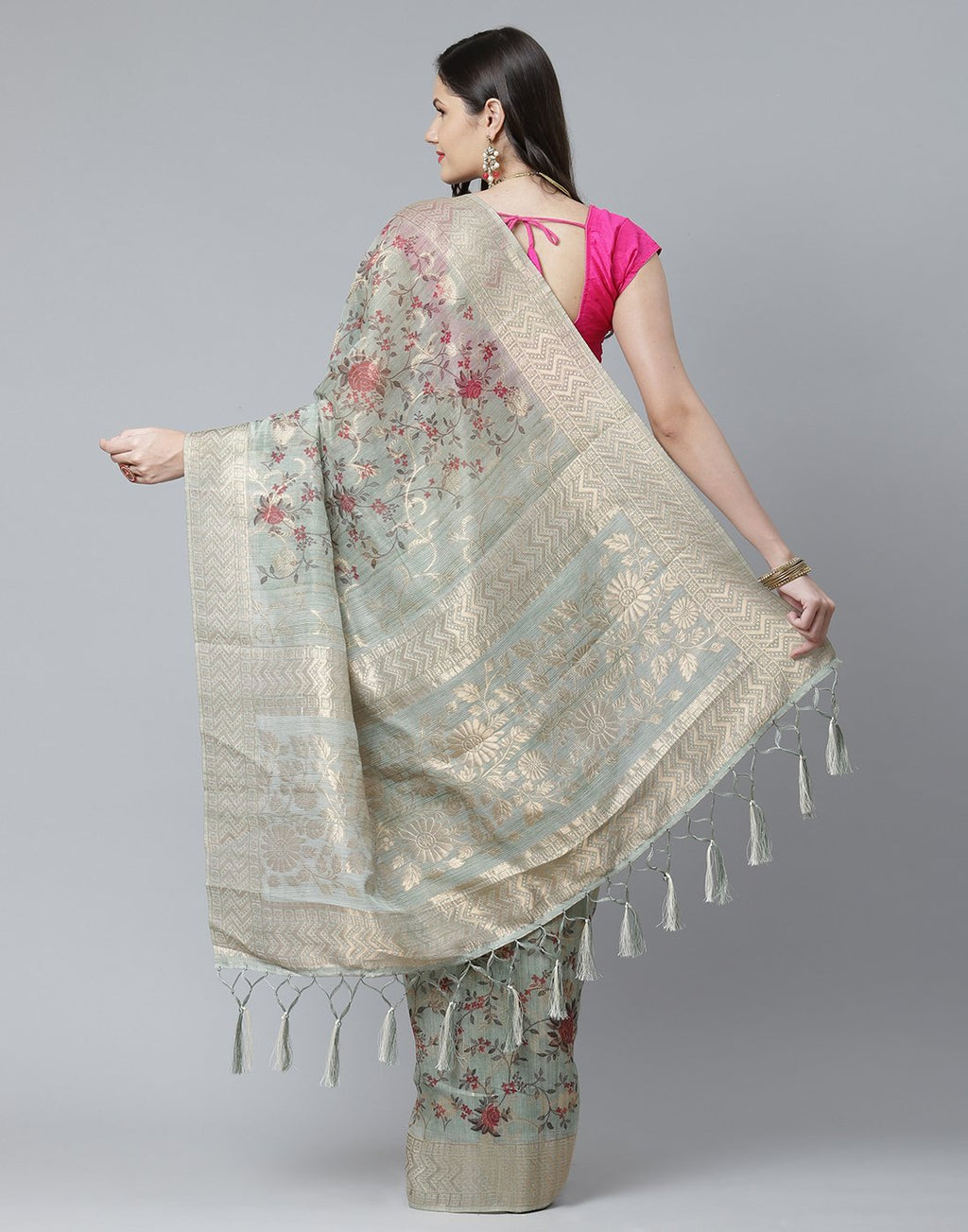 Floral Print  With Zari Border Linen Saree