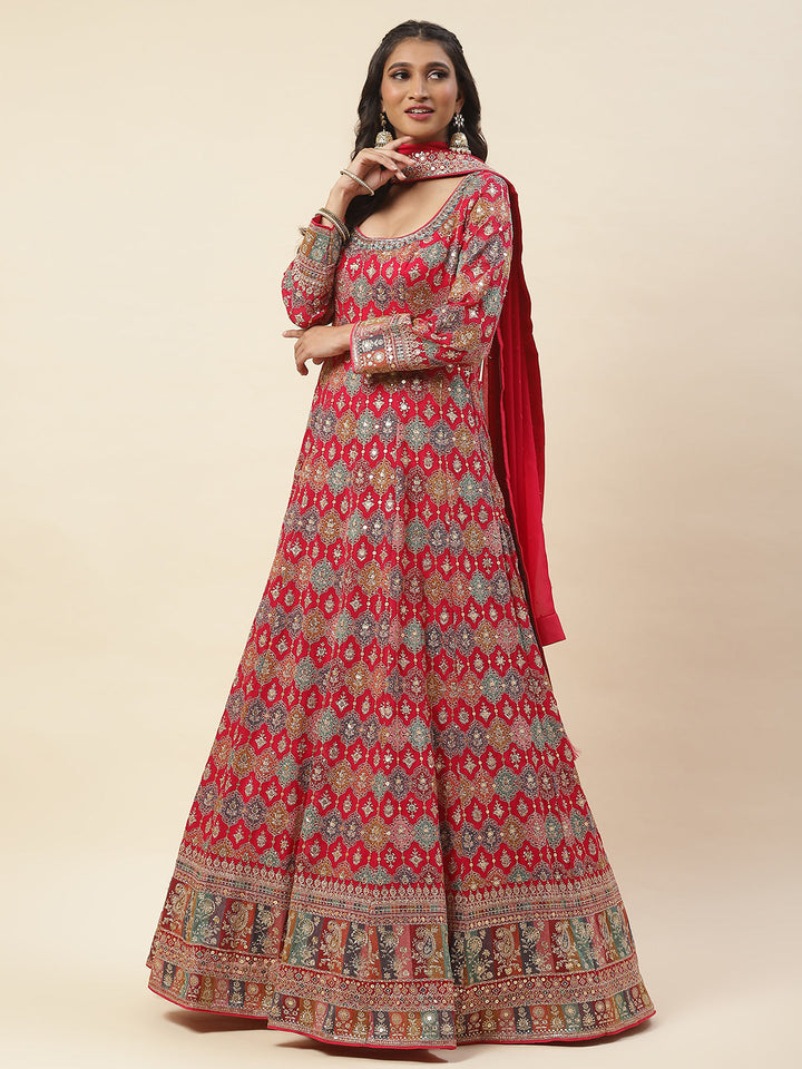 Resham Sequence Embroidered Georgette Anarkali Kurta With Churidar &amp; Dupatta