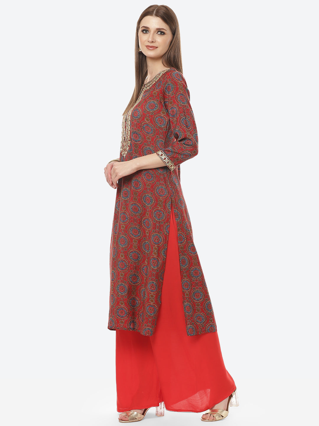 Printed Neck Embroidered Cotton Kurti