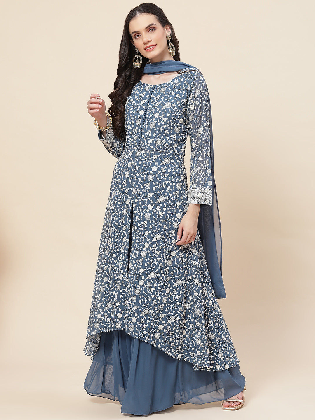 Embroidered Georgette Kurta With Palazzo &amp; Dupatta